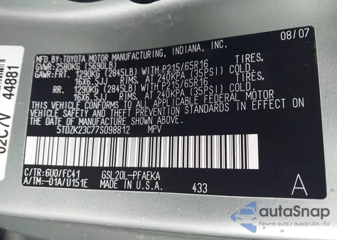 2007 Toyota Sienna Le z USA, uszkodzony, nr VIN 5TDZK23C77S098812